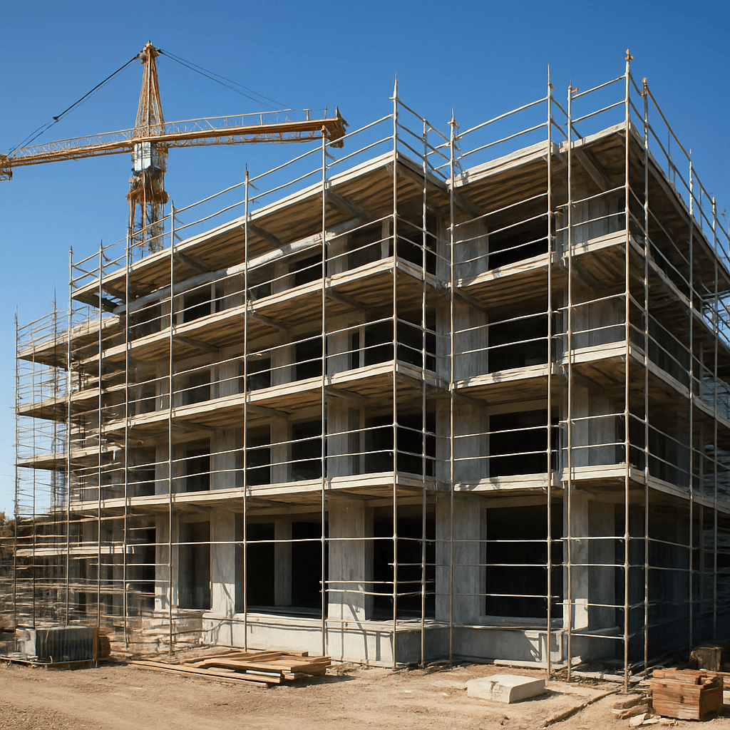Multi-storey building under construction with a tower crane