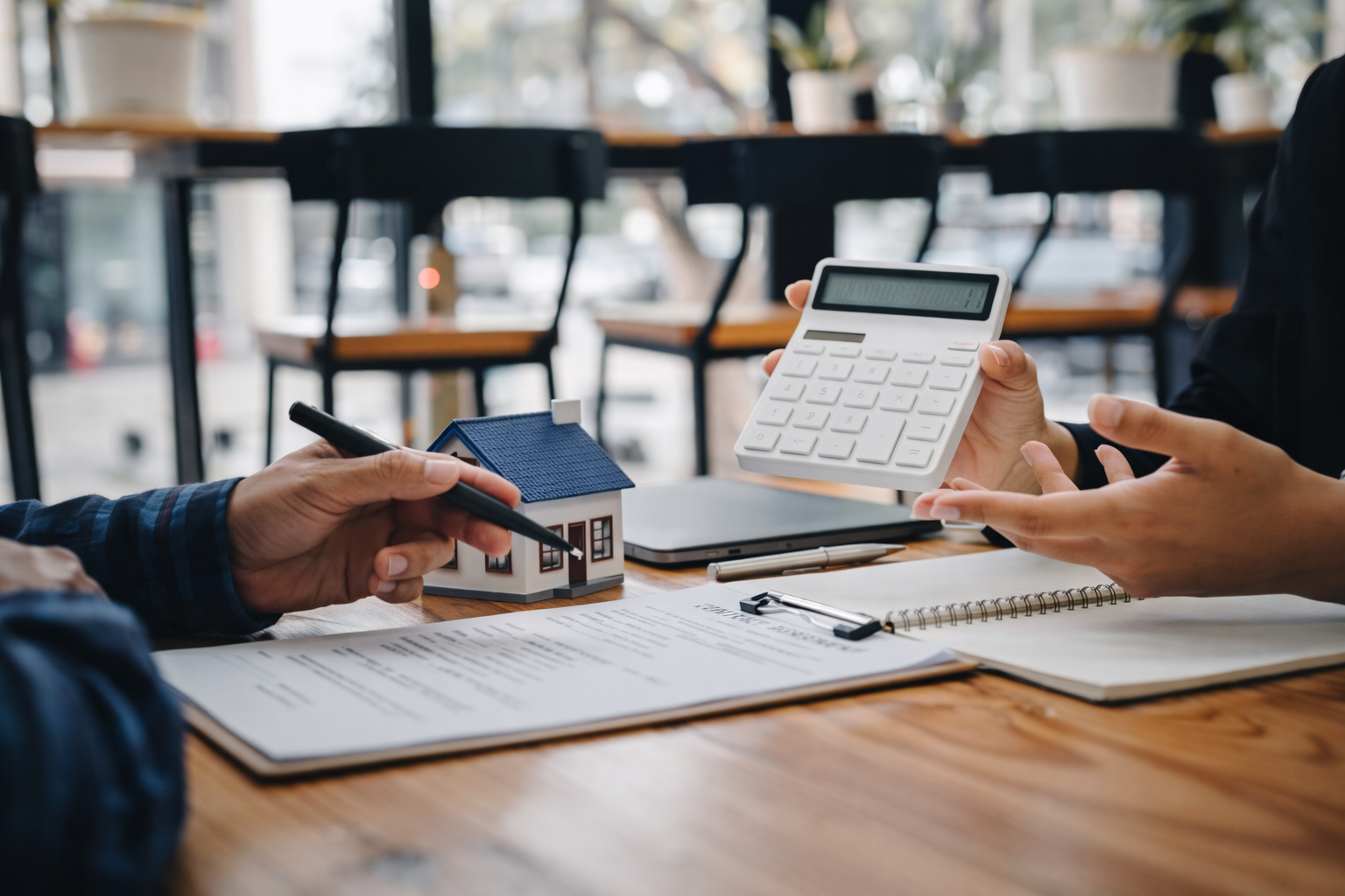 Property investment consultation with model house and calculator