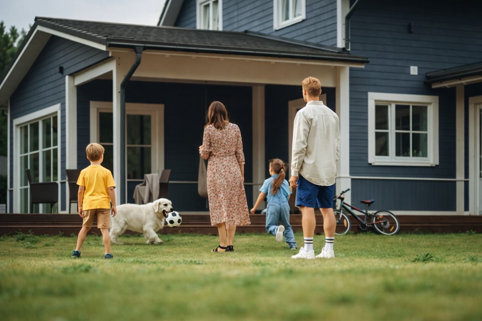 Family walking toward their home with dog in backyard